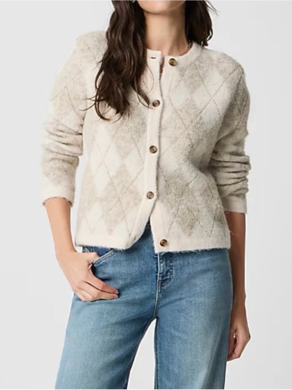 NWT,J.Crew Women’s Cream Argyle Button-Front Sweater Cardigan